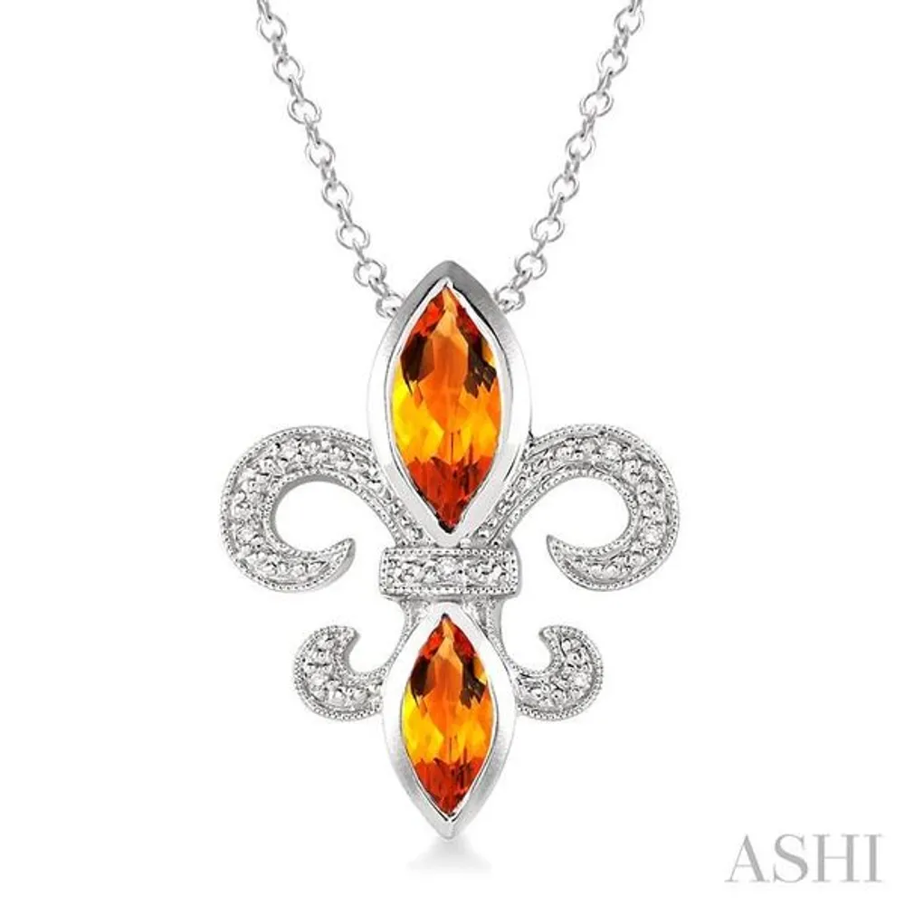 10x5 & 8x4 mm marquise cut Citrine and 1/50 Ctw Single Cut Diamond Fleur De Lis Pendant in Sterling Silver with Chain