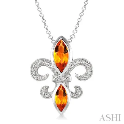 10x5 & 8x4 mm marquise cut Citrine and 1/50 Ctw Single Cut Diamond Fleur De Lis Pendant in Sterling Silver with Chain