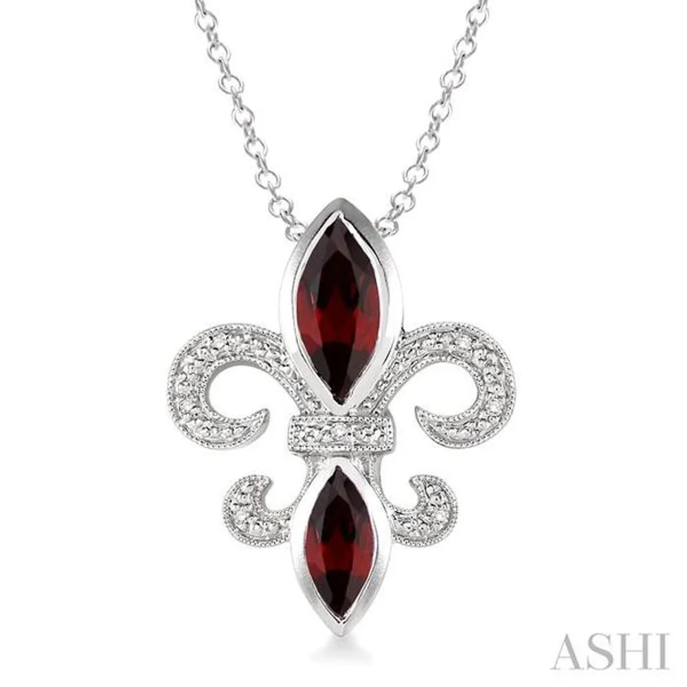 10x5 & 8x4 mm marquise cut Garnet and 1/50 Ctw Single Cut Diamond Fleur De Lis Pendant in Sterling Silver with Chain