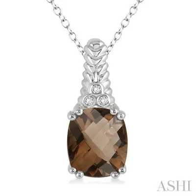 12x10 MM Cushion Checker Smoky Quartz and 1/50 Ctw Round Cut Diamond Pendant in Sterling Silver with Chain