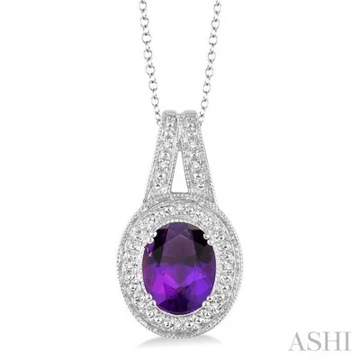 9x7 MM Oval Cut Amethyst and 1/20 Ctw Round Cut Diamond Pendant in Sterling Silver with Chain