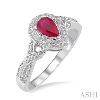 6x4 mm Pear Shape Ruby and 1/50 Ctw Round Cut Diamond Ring in Sterling Silver