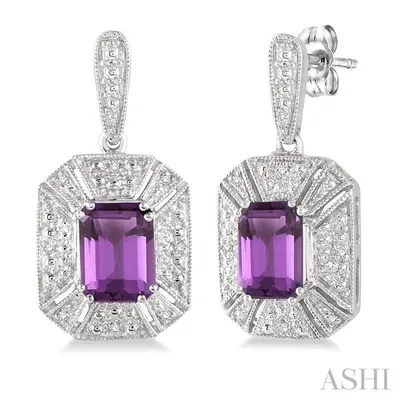 7x5 mm Emerald Cut Amethyst and 1/20 Ctw Single Cut Diamond Earrings in Sterling Silver