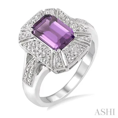 8x6 mm Emerald Cut Amethyst and 1/50 Ctw Single Cut Diamond Ring in Sterling Silver