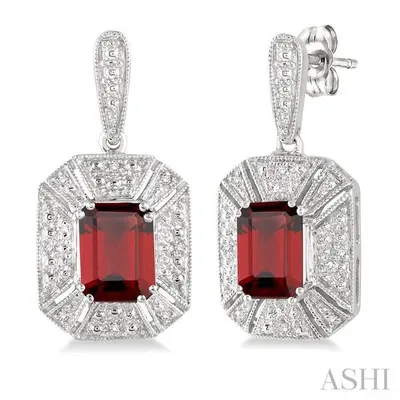 7x5 mm Emerald Cut Garnet and 1/20 Ctw Single Cut Diamond Earrings in Sterling Silver