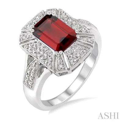 8x6 mm Emerald Cut Garnet and 1/50 Ctw Single Cut Diamond Ring in Sterling Silver