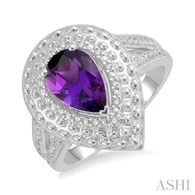 1/20 Ctw Round Cut Diamond & 9x6MM Pear Cut Amethyst Semi Precious Ring in Sterling Silver