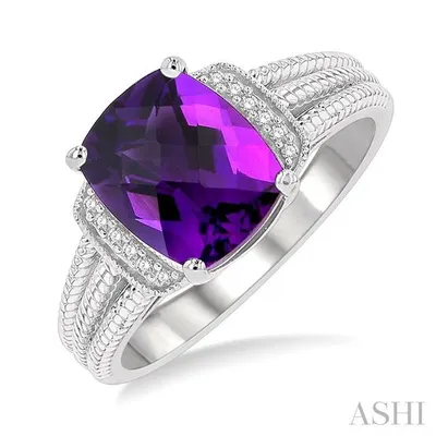 1/20 Ctw Round Cut Diamond & 10x8MM Cushion Cut Amethyst Semi Precious Ring in Sterling Silver