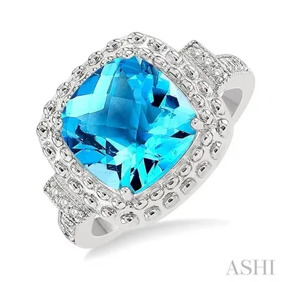 1/50 Ctw Round Cut Diamond & 10x10MM Cushion Cut Blue Topaz Semi Precious Ring in Sterling Silver