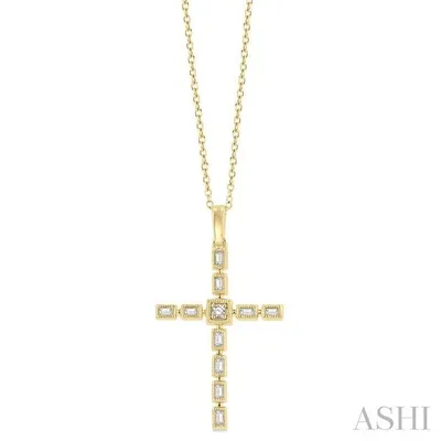 1/5 Ctw Baguette and Round Cut Diamond Cross Pendant With Chain in 10K Yellow Gold