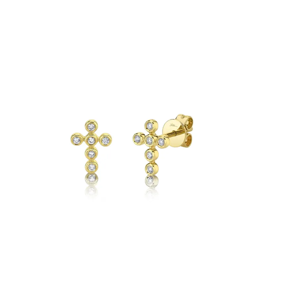 Shy Creation 14K Yellow Gold Diamond Cross Studs