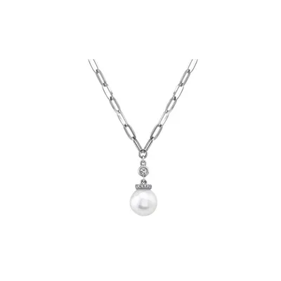 Shy Creation 14K White Gold Diamond & Cultured Pearl Paper Clip Link Necklace