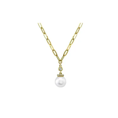 Shy Creation 14K Yellow Gold Diamond & Cultured Pearl Paper Clip Link Necklace