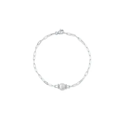 Shy Creation 14K White Gold Diamond & Cultured Pearl Paper Clip Link Bracelet