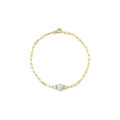 Shy Creation 14K Yellow Gold Diamond & Cultured Pearl Paper Clip Link Bracelet