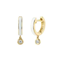 Shy Creation 14K Yellow Gold Diamond & White Enamel Huggie Earrings