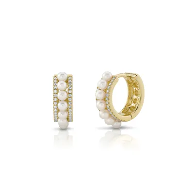 Shy Creation 14K Yellow Gold Diamond & Cultured Pearl Huggie Earring