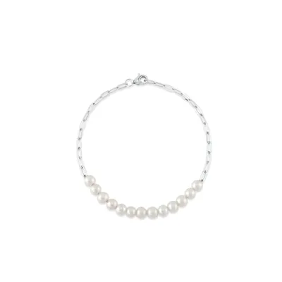 Shy Creation 14K White Gold Cultured Pearl Paper Clip Link Bracelet