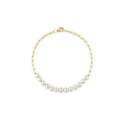 Shy Creation 14K Yellow Gold Cultured Pearl Paper Clip Link Bracelet