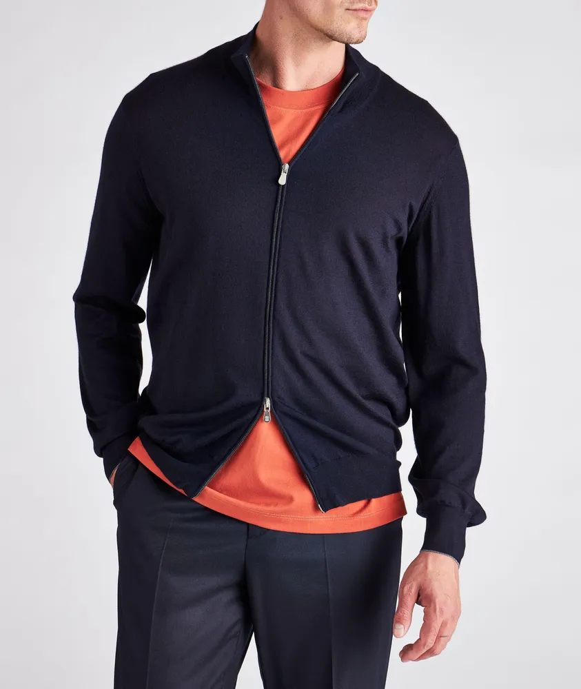 Full-Zip Fine Gauge Cashmere-Silk Sweater