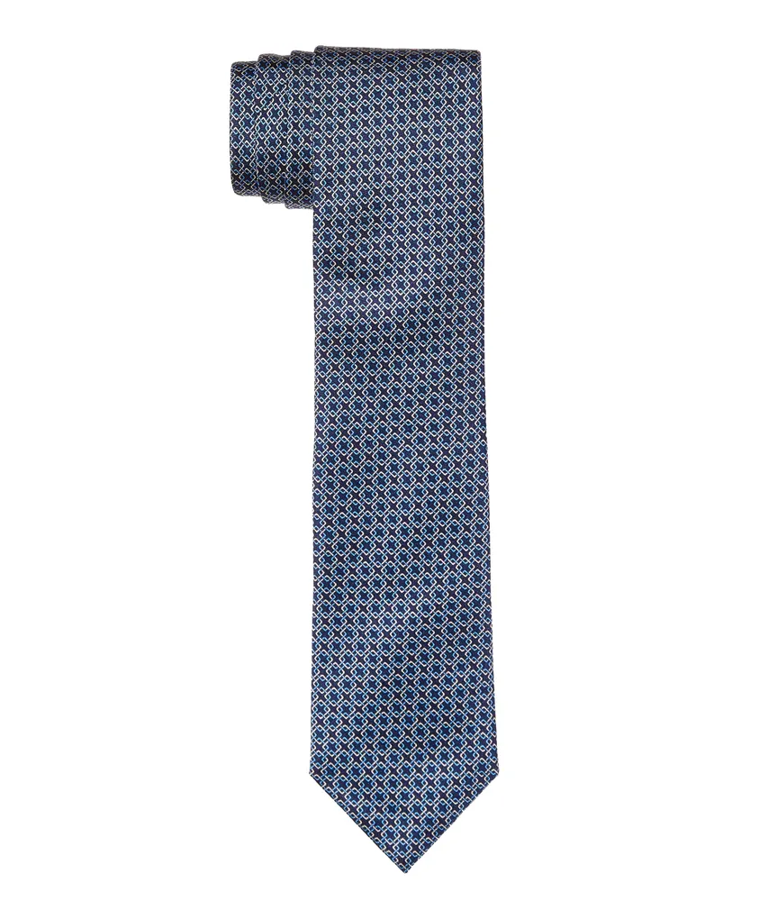 Dark Blue Geometric Print Silk Tie 