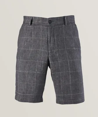 Windowpane Patterned Chambray Linen Shorts