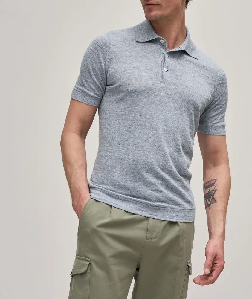 Linen-Cotton Knit Melange Polo