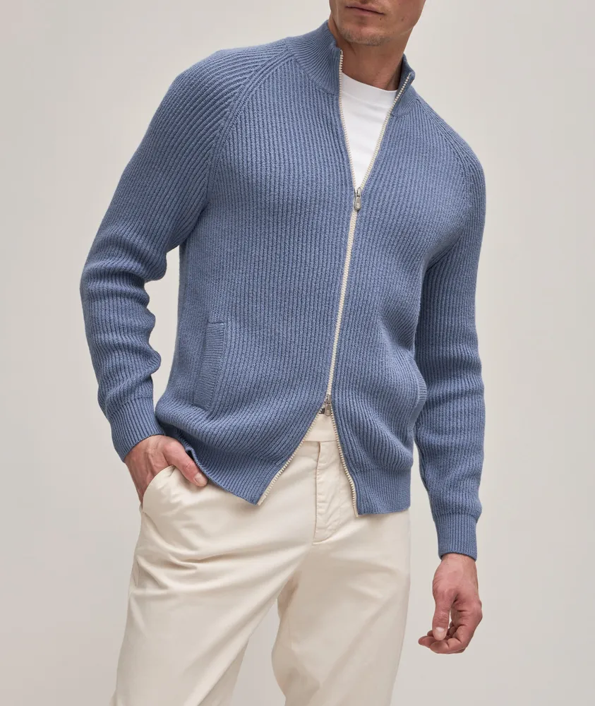 Cotton Rib Knitted Zip-Up Cardigan
