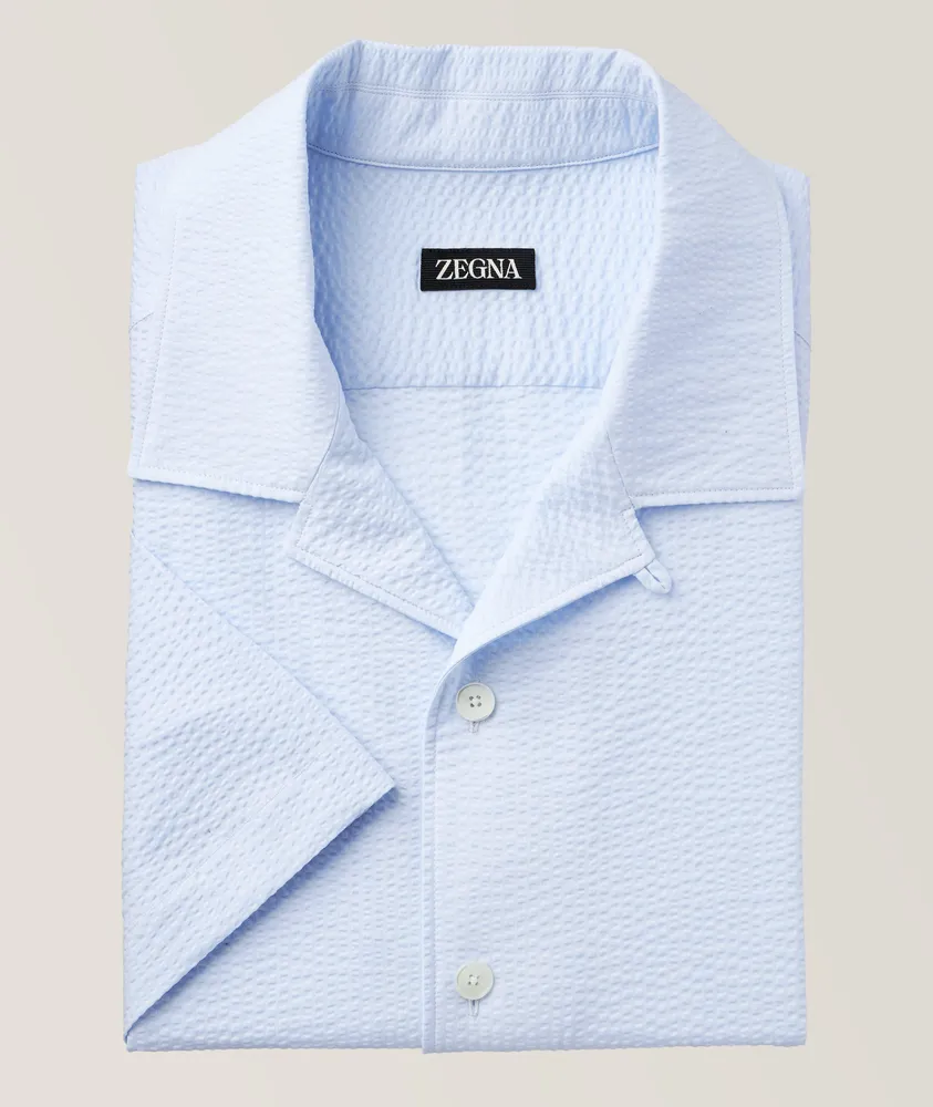 Zegna Short-Sleeve Seersucker Camp Collar Shirt