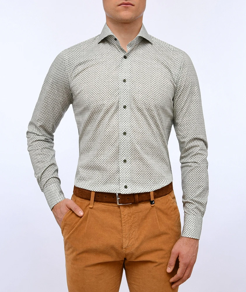 Slim-Fit Patterned Stretch-Poplin Luxury Sport Shirt