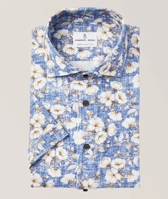 Short-Sleeve Floral Print Jersey Stretch-Cotton Shirt