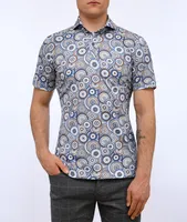 Short-Sleeve Circle Print Stretch-Linen Blend Shirt