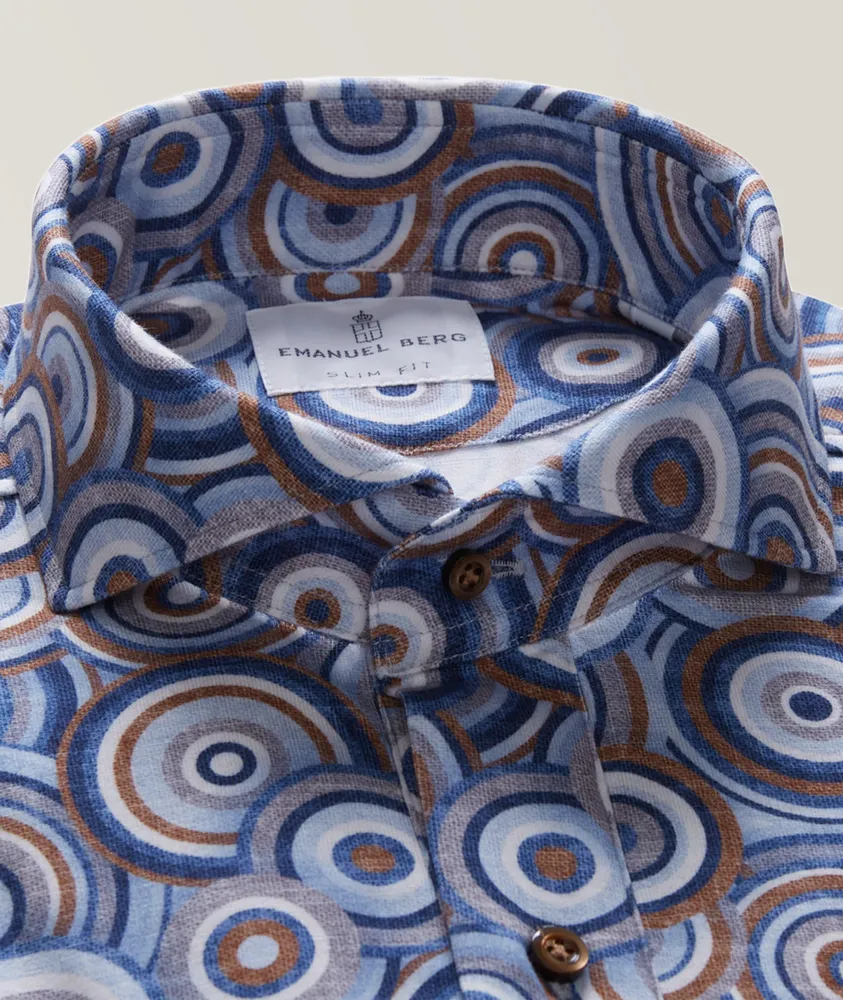 Short-Sleeve Circle Print Stretch-Linen Blend Shirt