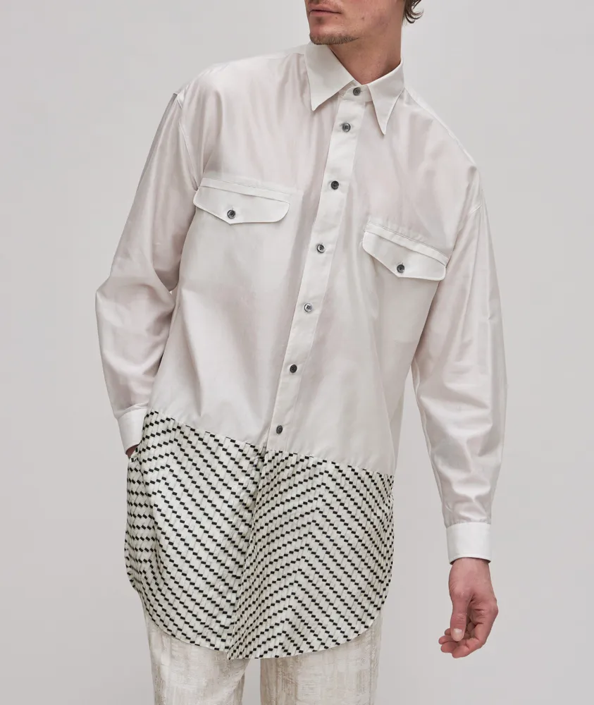 Cotton-Mulberry Silk Contrast Hem Long Shirt