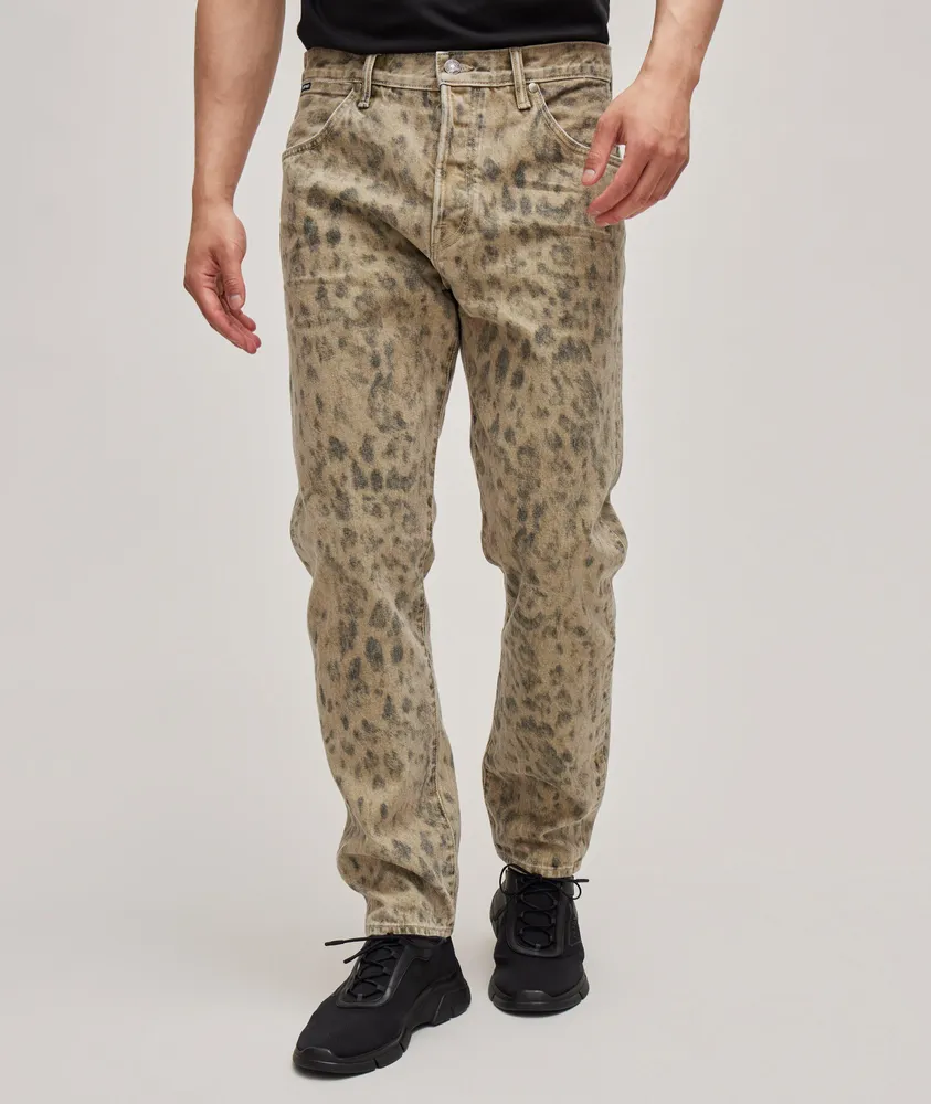 Slim-Fit Distressed Leopard Pattern Cotton Jeans