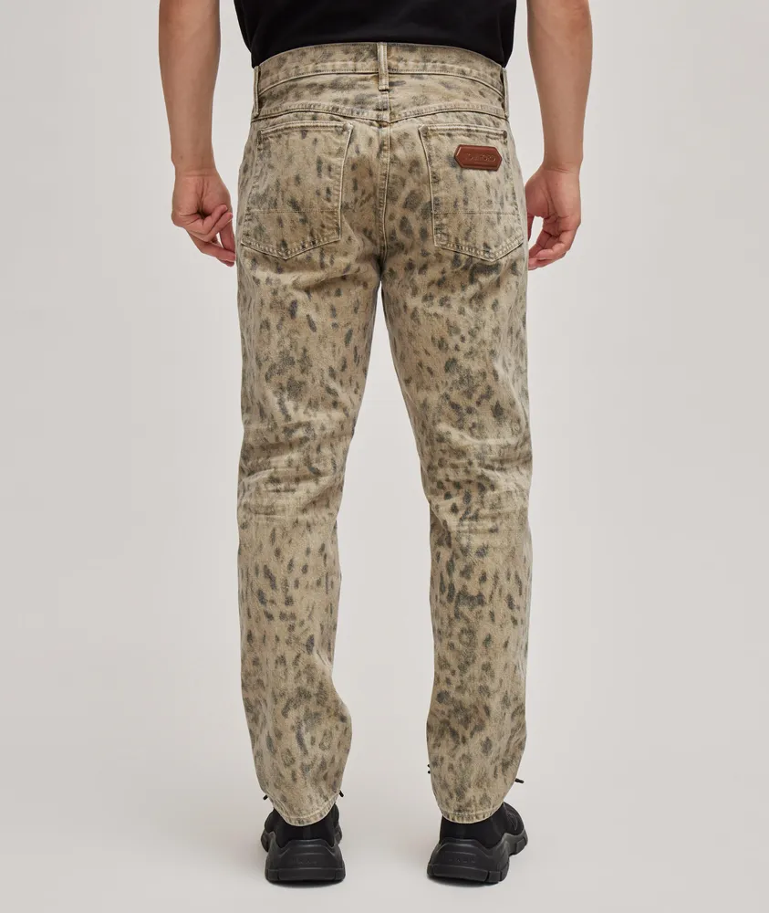 Slim-Fit Distressed Leopard Pattern Cotton Jeans