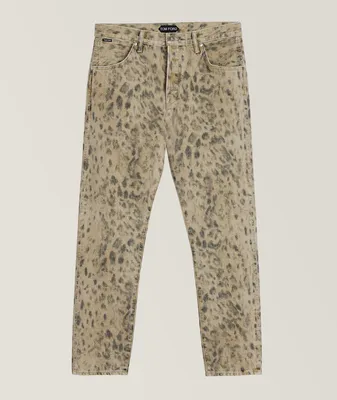 Slim-Fit Distressed Leopard Pattern Cotton Jeans