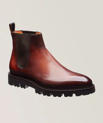 Burnished Grained Leather Chelsea Boots