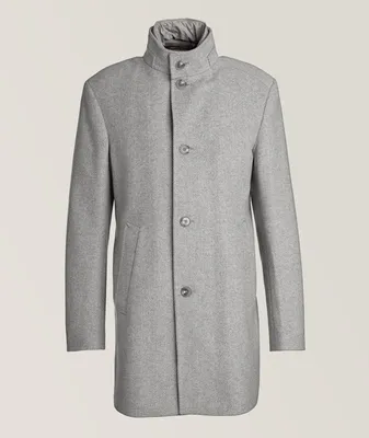 Herringbone Pattern Bib Insert Wool-Blend Overcoat
