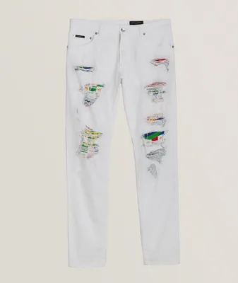 Distressed Patchwork Stretch-Cotton Blend Jeans