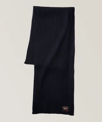 Ribbed Logo Embroidered Wool Scarf