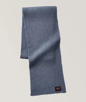 Ribbed Logo Embroidered Wool Scarf