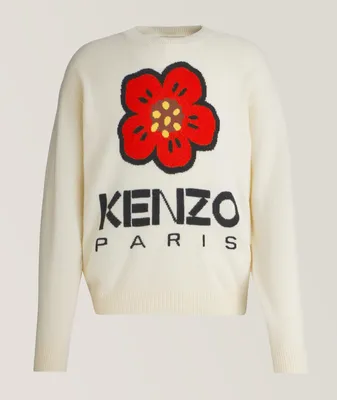 Flower Print Wool Knitted Crewneck Sweater