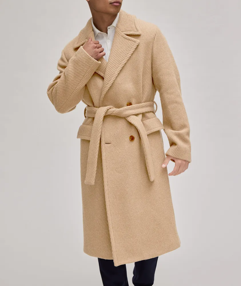Textured Wool-Blend Twill Belted Overcoat