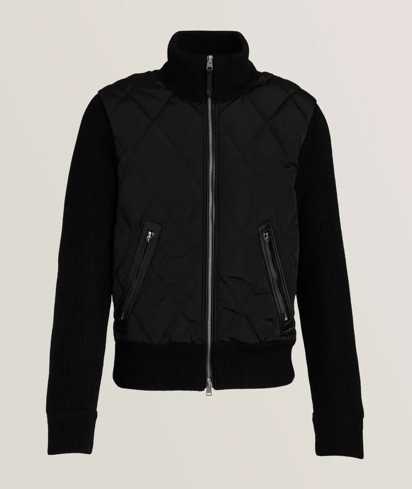 Full-Zip Quilted Merino Wool Mixed Media Bomber