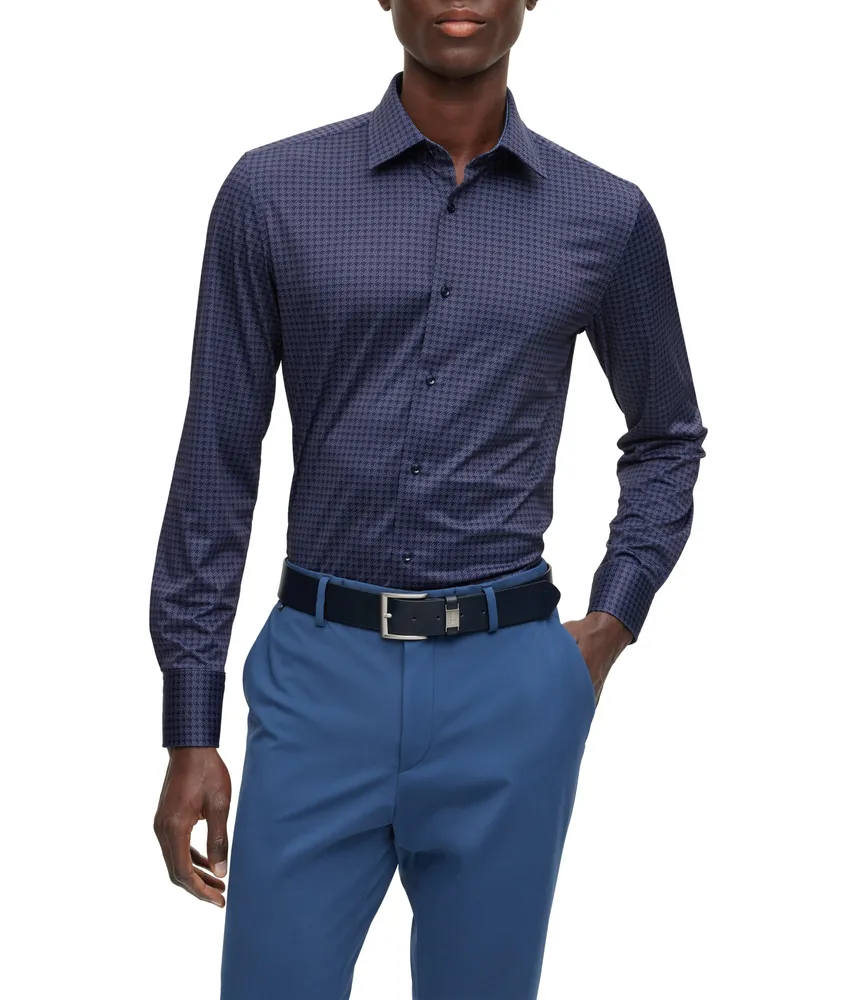 Slim-Fit Houndstooth Stretch-Fabric Dress Shirt