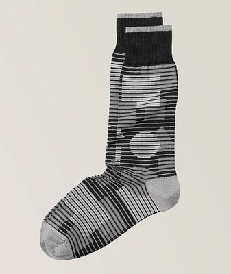 Striped Geometric Stretch-Mercerized Cotton Blend Socks