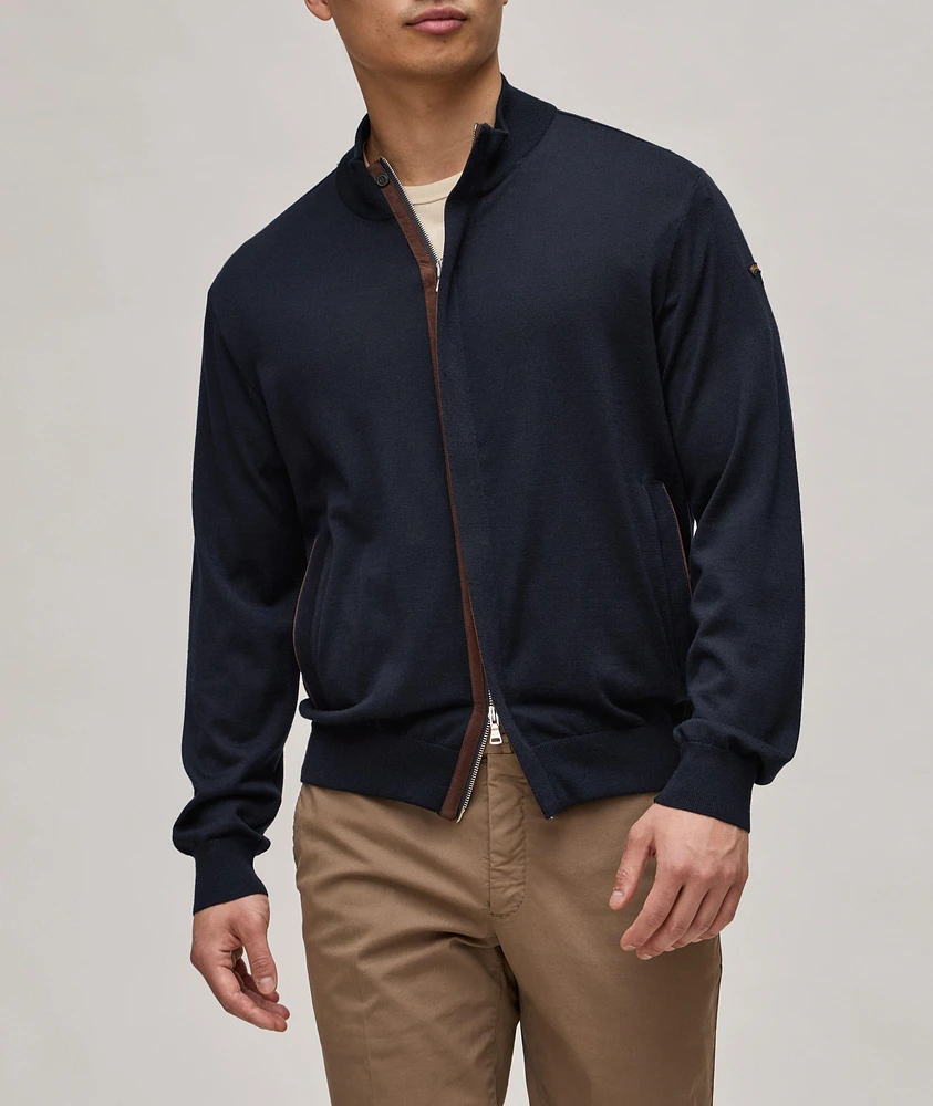 Full-Zip Suede Trim Summer Wool Sweater