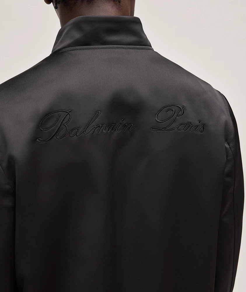 Logo Embroidered Satin Bomber Jacket