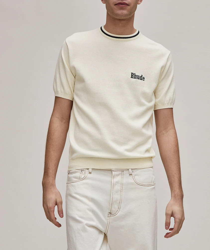 Contrast Tipped Embroidered Logo Cotton-Cashmere Knit T-Shirt